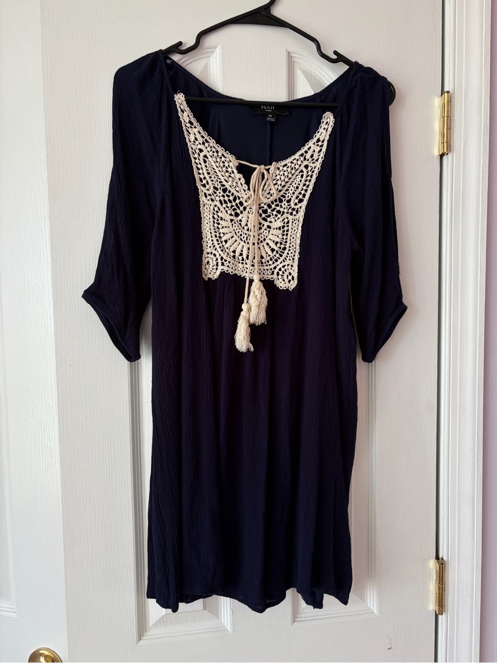 Navy Boho Dress with Cream Crochet Bib